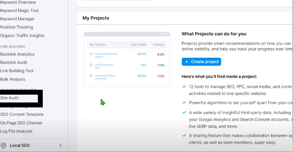 A screenshot of a website optimization tool, highlighting the "Site Audit" option