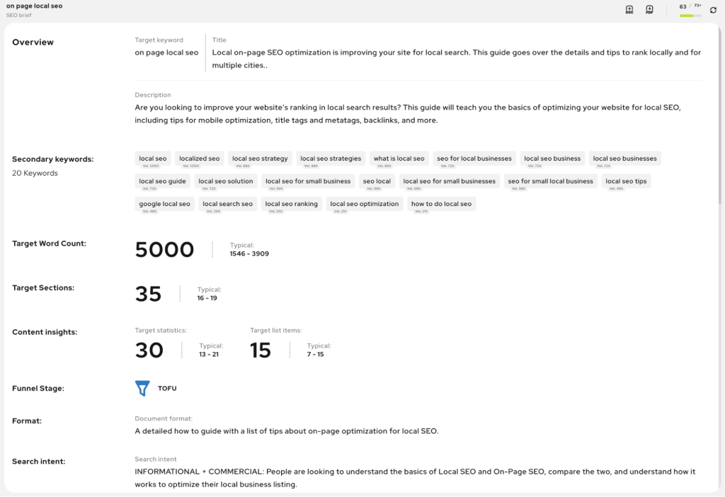 Screenshot of Outranking's "on page local SEO" target keyword overview.