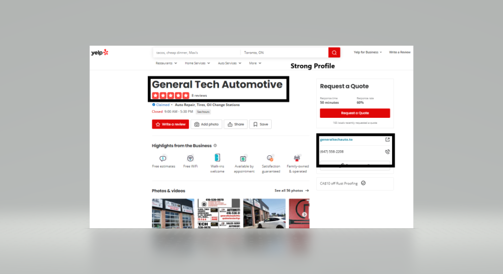 Screenshot of a Yelp profile for General Tech Automotive. The business' name and NAP information are highlighted in black boxes.