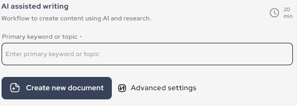 A screenshot of Outranking's AI-assisted writing tool asking for a primary keyword for the content it is about to generate