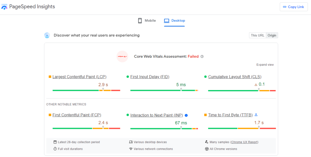 A screenshot of a core web vitals assessment from PageSpeed Insights