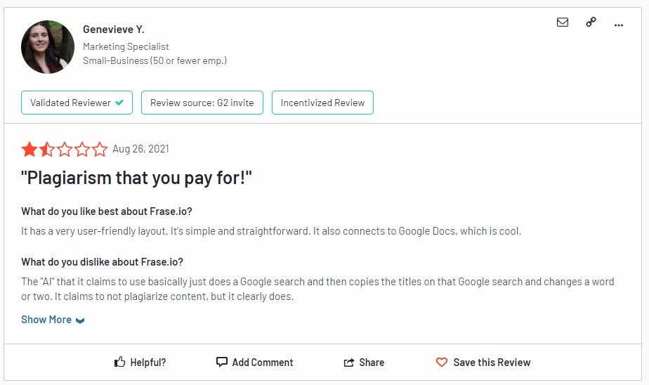 Screenshot of a negative review for Frase regarding plagiarism