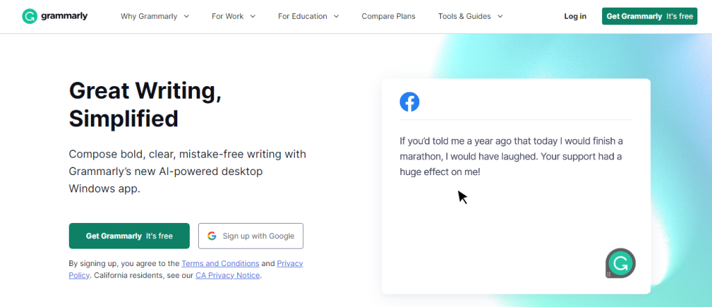 Screenshot of Grammarly's signup page.