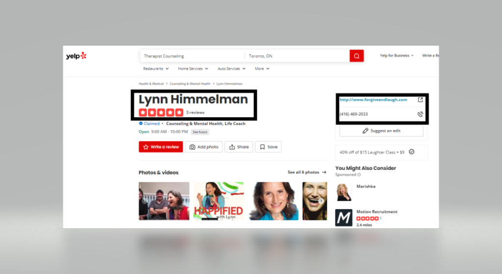 Screenshot of a Yelp page for a psychologist named Lynn Himmelman.