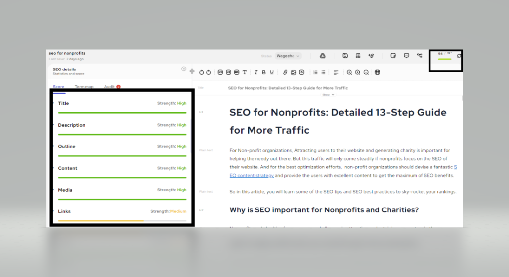 Screenshot of SEO details for the article titled "SEO for Nonprofits: Detailed 13-Step Guide for More Traffic".
