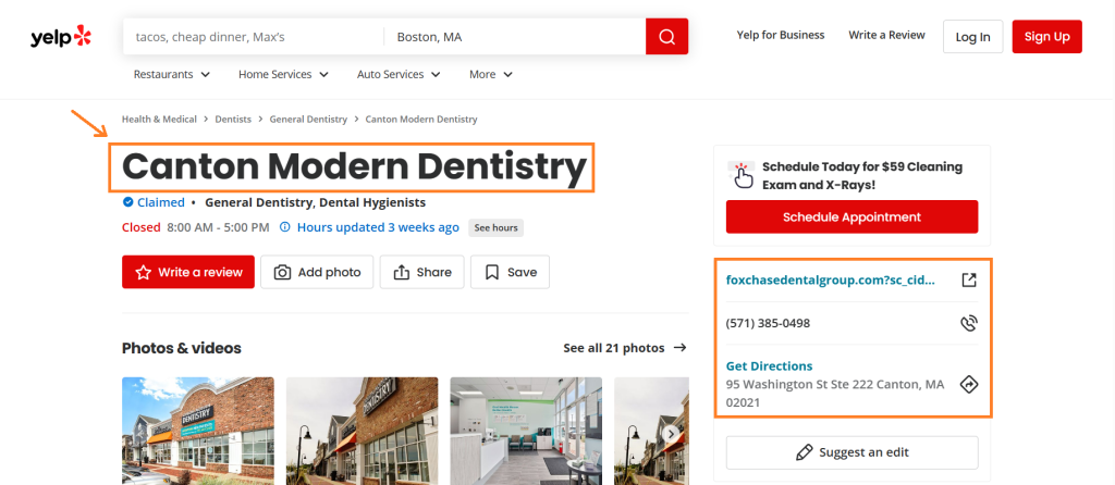 Screenshot of Dentists Yelp profile