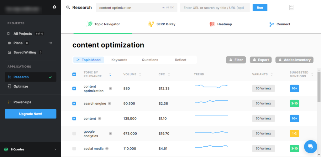 MarketMuse topic navigator screenshot