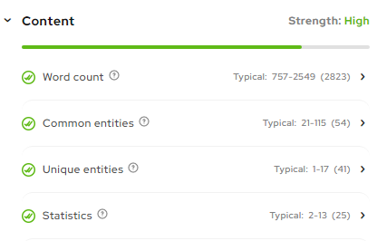 Screenshot of the content score analysis based on word count, common entities, unique entities, and statistics. 