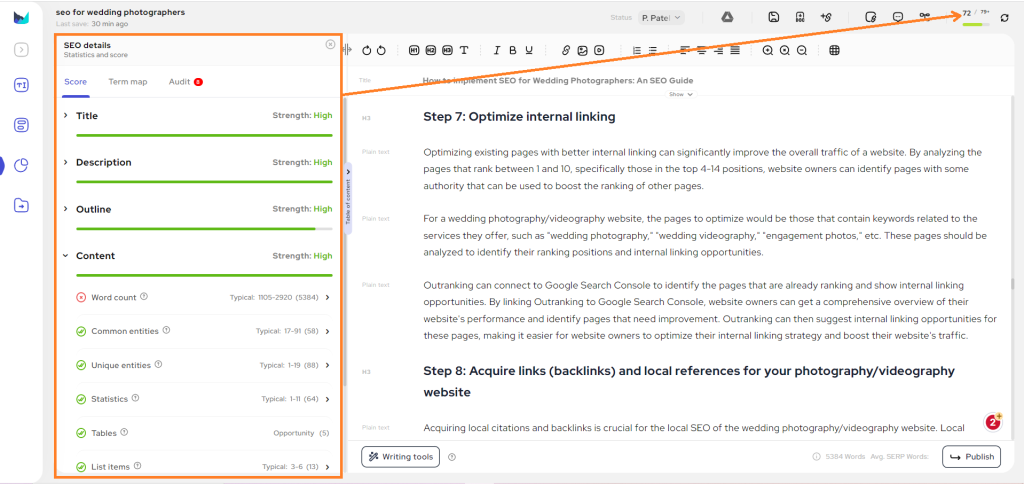 Screenshot of Outranking's SEO benchmarks for the article "SEO for wedding photographers".