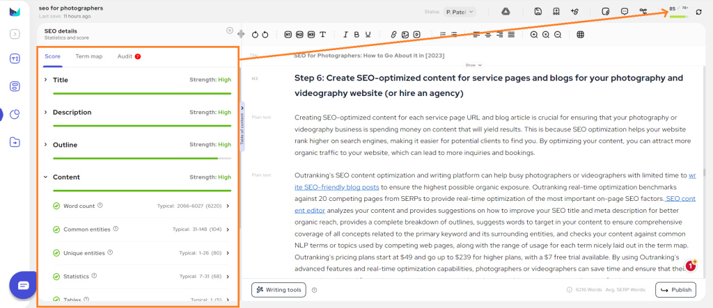 Screenshot of the SEO details for the article titled "SEO for Photographers".
