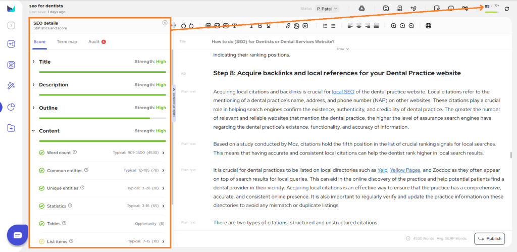 Screeenshot of the SEO details for an article titled "SEO for Dentists"