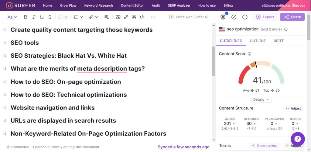 SurerSEO automatic outline generation and editor screenshot.