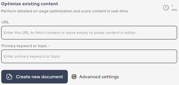 A screenshot of Outranking's existing content optimization tool asking for the URL of the page you would like to optimize and a keyword or topic it should be optimized for