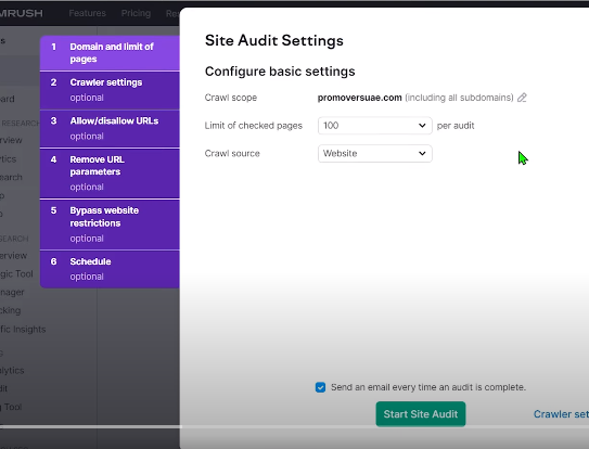 A screenshot of the site audit settings configuration interface