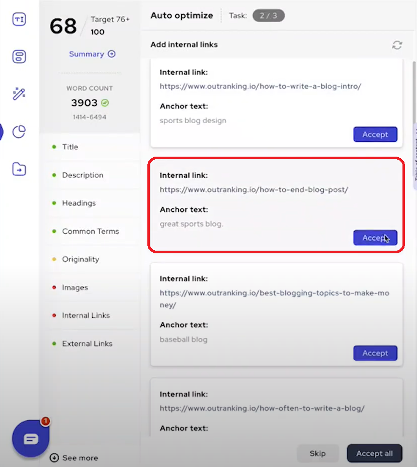 Screenshot of Outranking's internal linking optimization