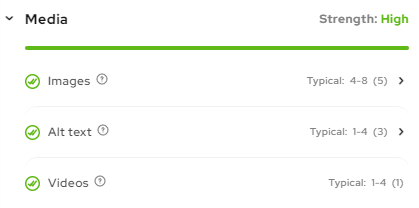 Screenshot of the Media score analysis based on images, alt text, and videos.