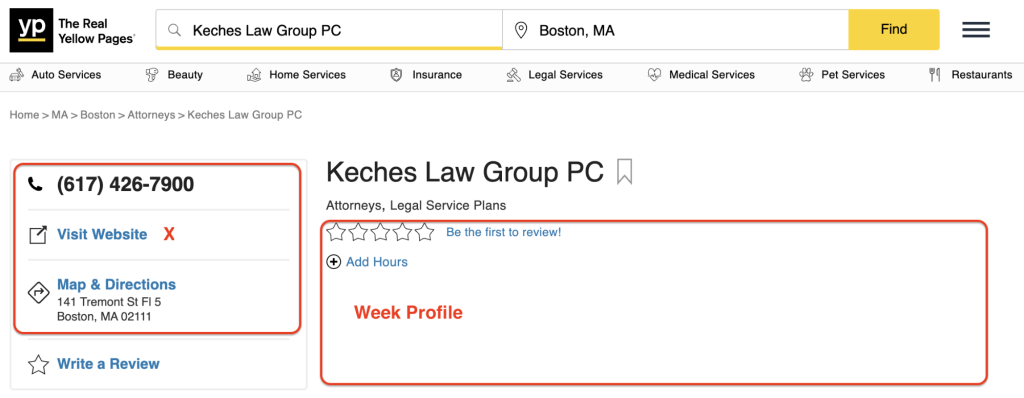 Screenshot of Keates Law Clerk Services Limited contact page on The Yellow Pages.