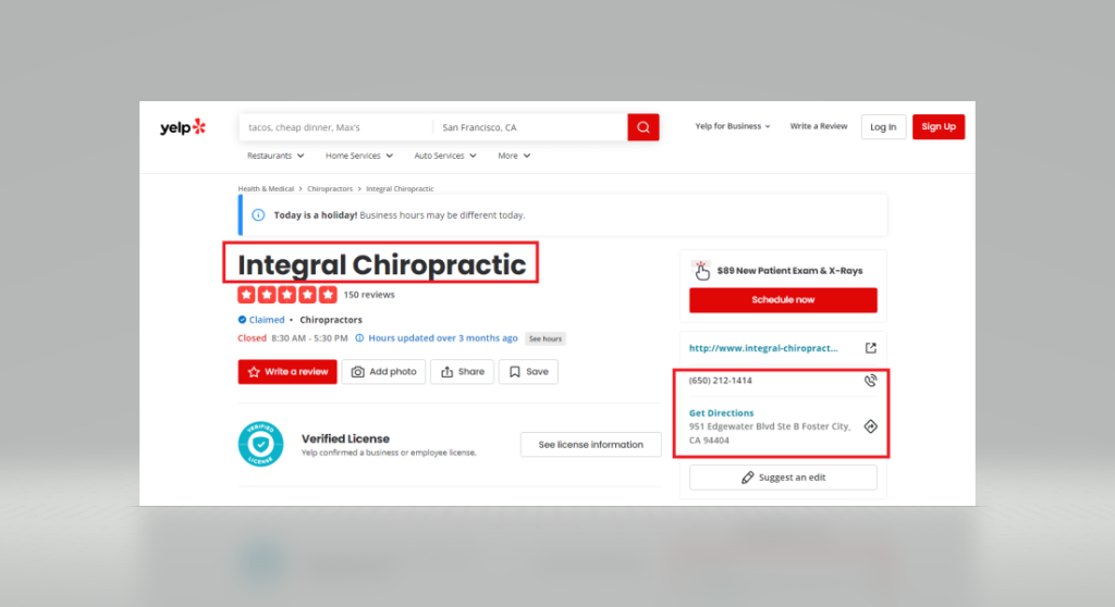 Screenshot of Integral Chiropractic's Yelp profile.