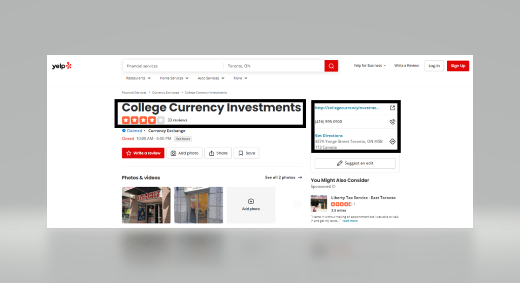 Screenshot of a financial institution's Yelp profile.