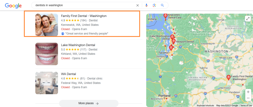 Screenshot of Google search results for "Dentists in Washington"