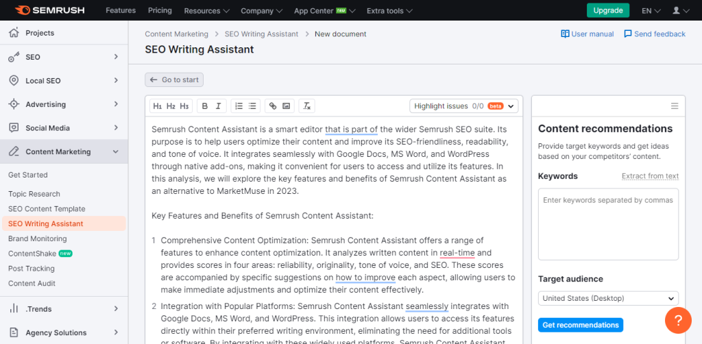 Semrush content assistant screenshot