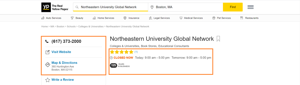 Screenshot of Northeastern University contact page on the Yellow Pages