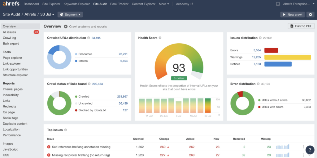 A screenshot of a comprehensive paid SEO audit report from Ahrefs