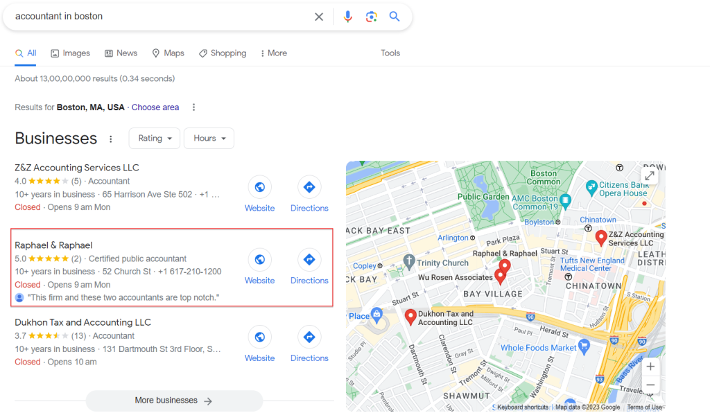 Screenshot of a Google result page for "accountant in Boston".
