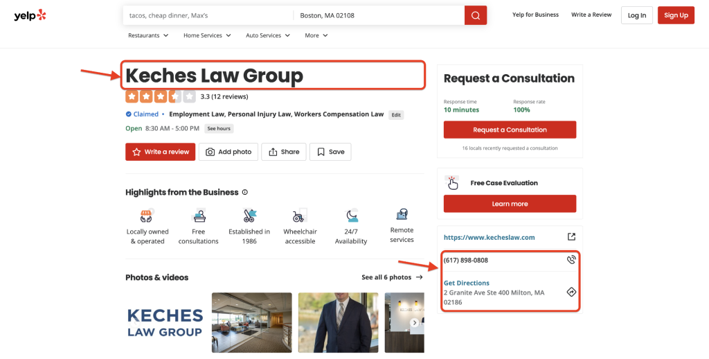 Screenshot of Keches Law Group's Yelp page.