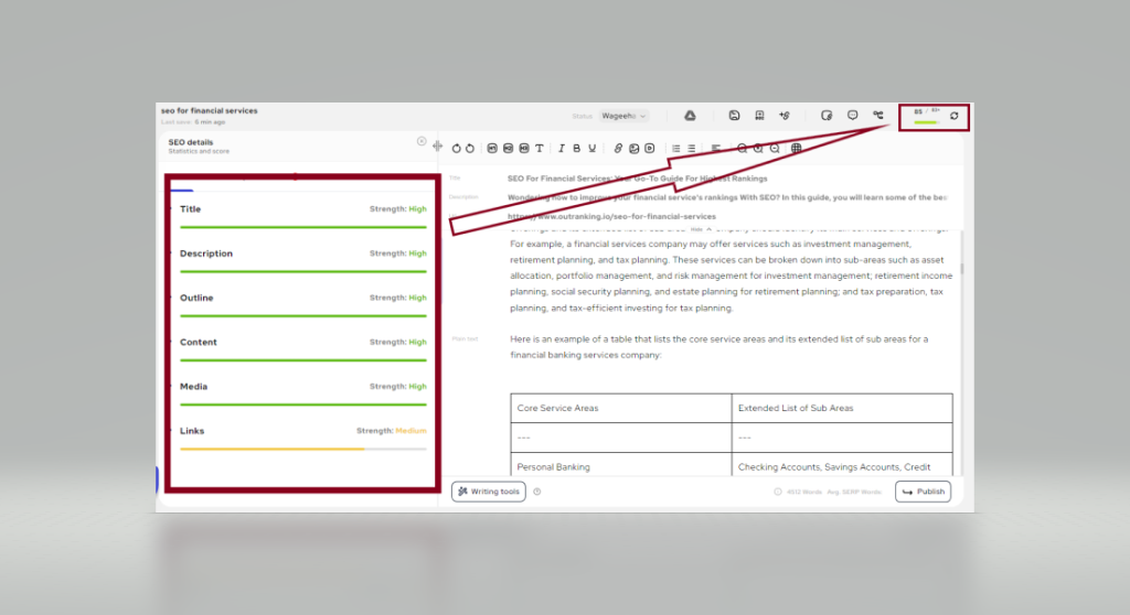 Screenshot of SEO details for the article titled "SEO for financial services".