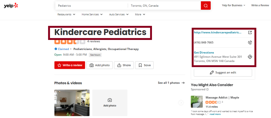 Screenshot of a medical practice's yelp page.