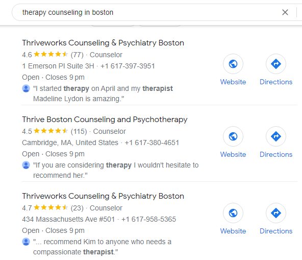 Screenshot of three Google My Business listings of therapy counseling in Boston.