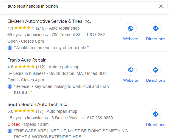 Screenshot of three Google My Business listings for auto repair shops in Boston.