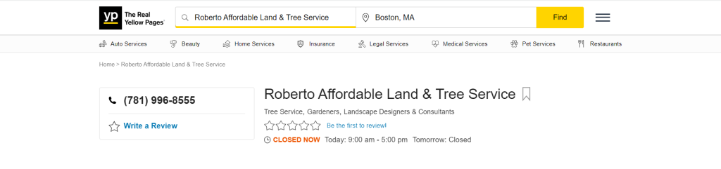 Screenshot of Roberto Affordable Land & Tree Service contact page on the yellow pages