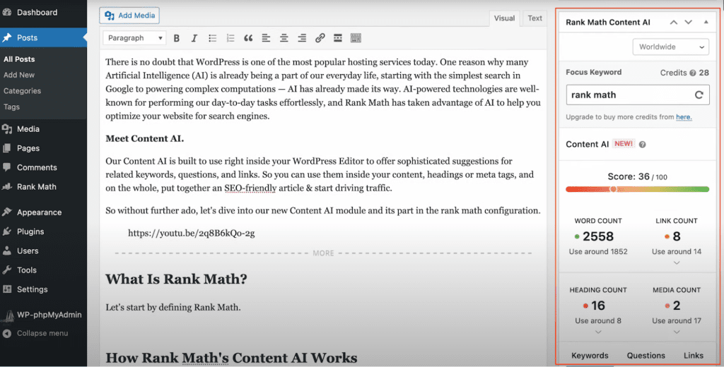 Screenshot of Rank Math's content optimizer plugin