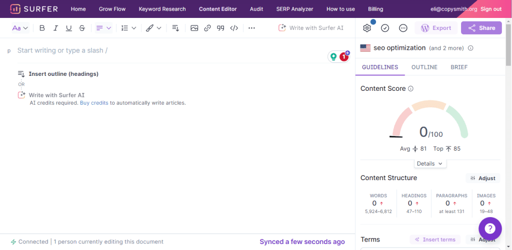 SurferSEO content editor screenshot