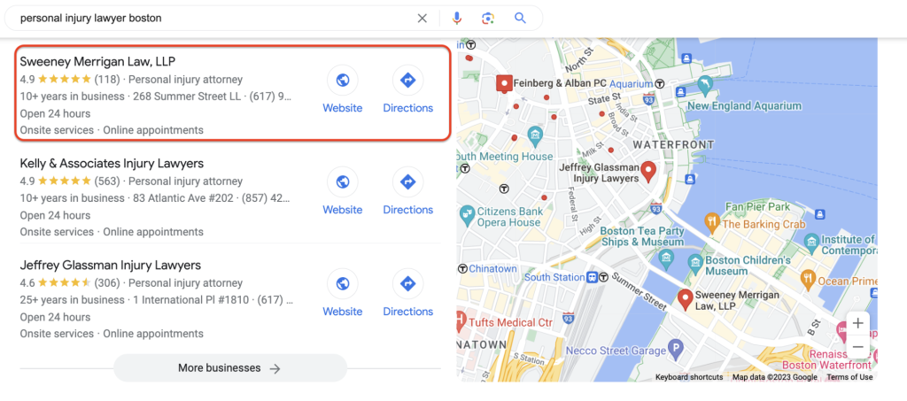 Screenshot of a Google result page for "personal injury lawyer in Boston".