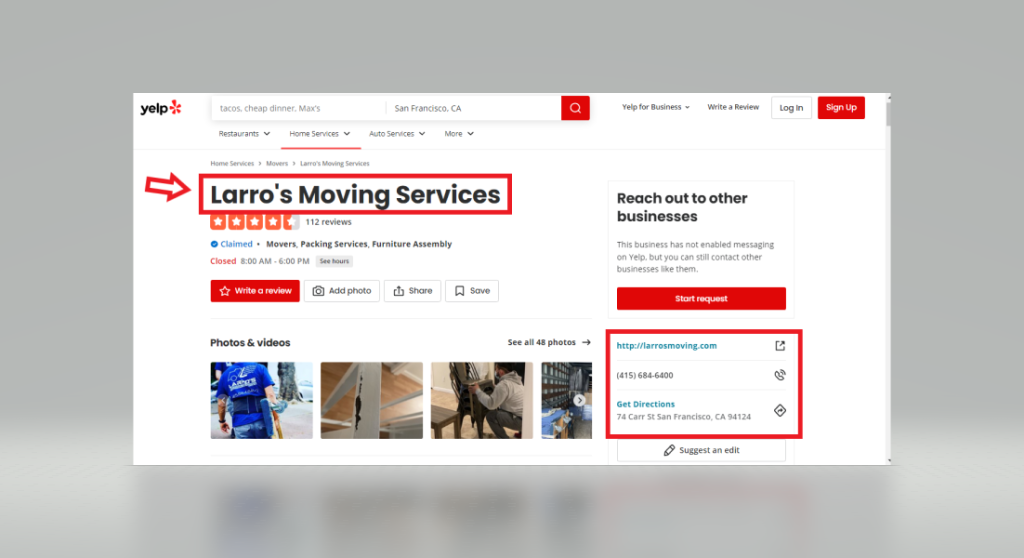 Screenshot of Larro's Moving Services' Yelp page.