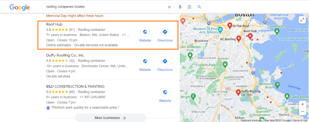 Screenshot of Google search results for "roofing companies in Boston".
