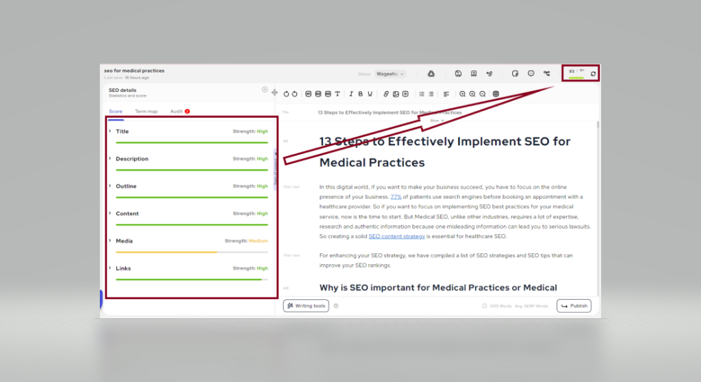 Screenshot of the SEO details for an article titled "SEO for Medical Practices".