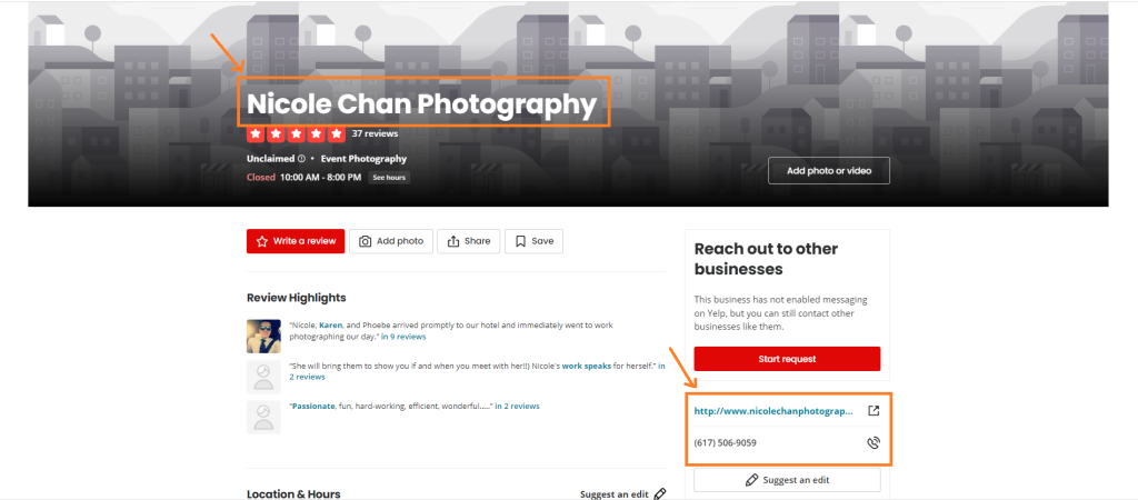 Screenshot of a photography business's profile on Yelp.