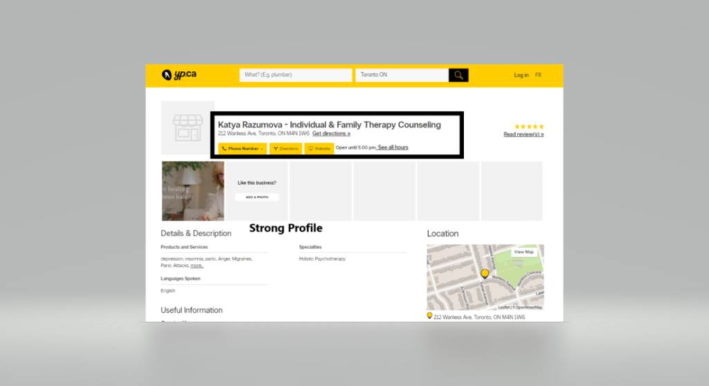 Screenshot of a Yellow Pages profile for Katya Razumova, an Individual and Family Therapy Counselor.