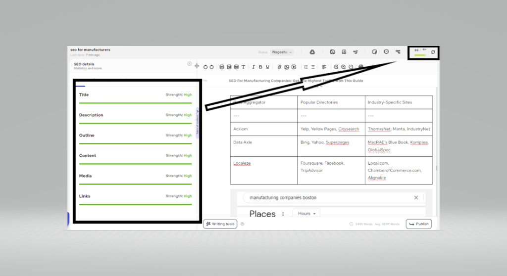 Screenshot of SEO details for the article titled "SEO for manufacturers".