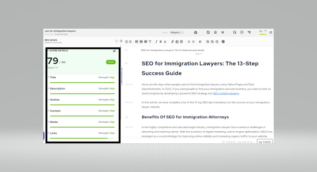 screenshot of SEO scoring details for the article titled "SEO for immigration lawyers".
