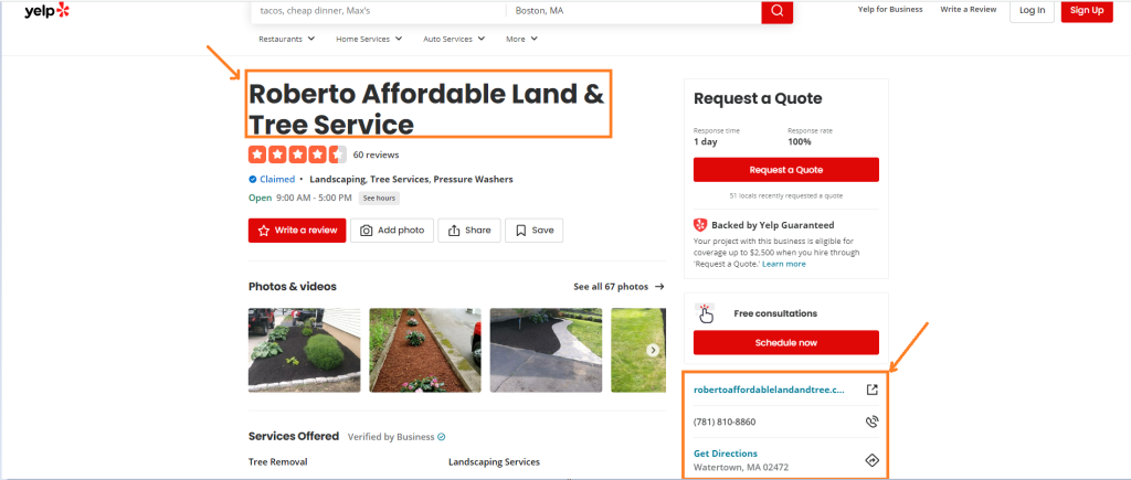 Screenshot of a Landscrapers Yelp Profile