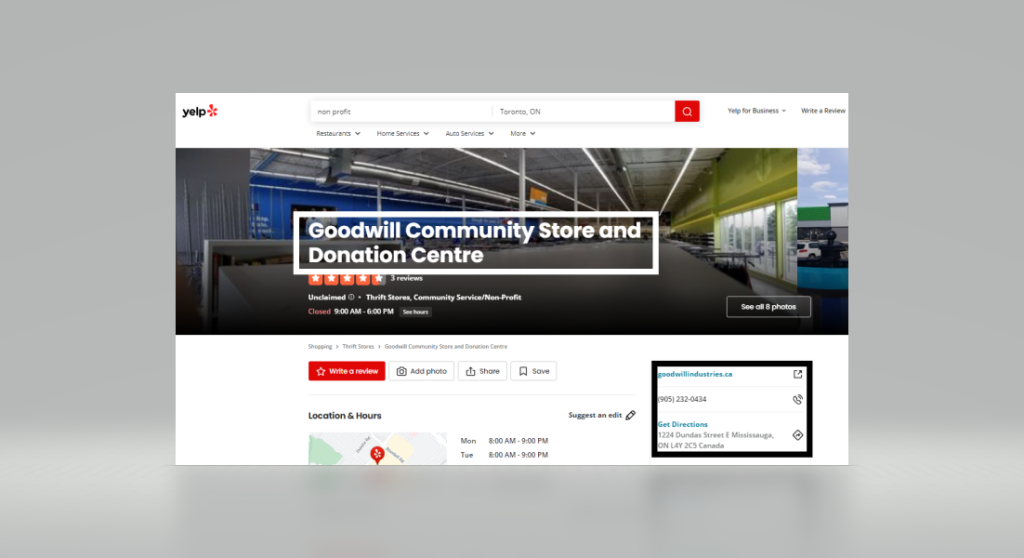 Screenshot of Goodwill's Yelp profile in Toronto, Canada.