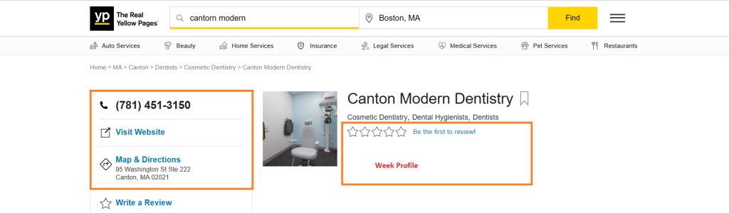 Screenshot of dentist profile on the Real Yellow Pages