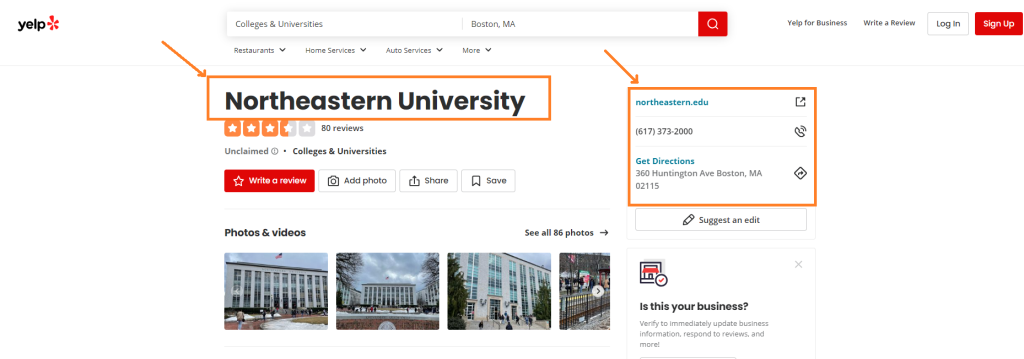 Screenshot of Higher Education Institution Yelp profile