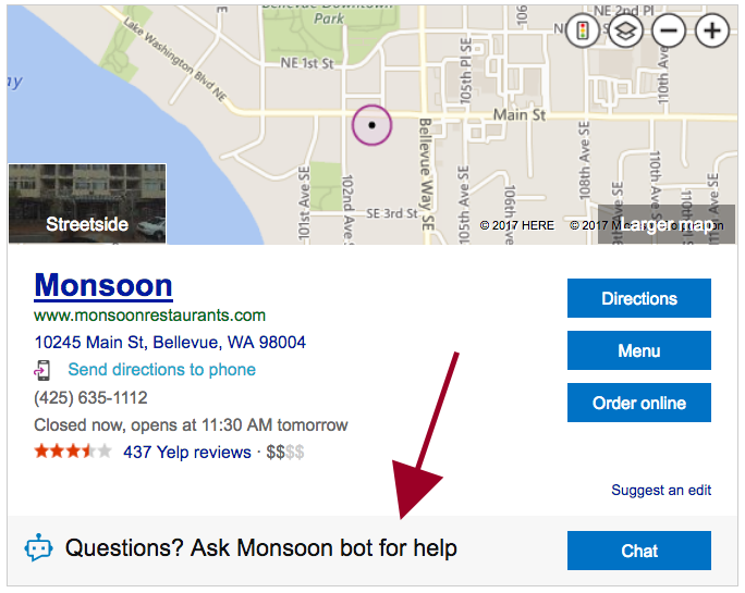 Screenshot of a business profile with a red arrow to 'Question? Ask bot for help'